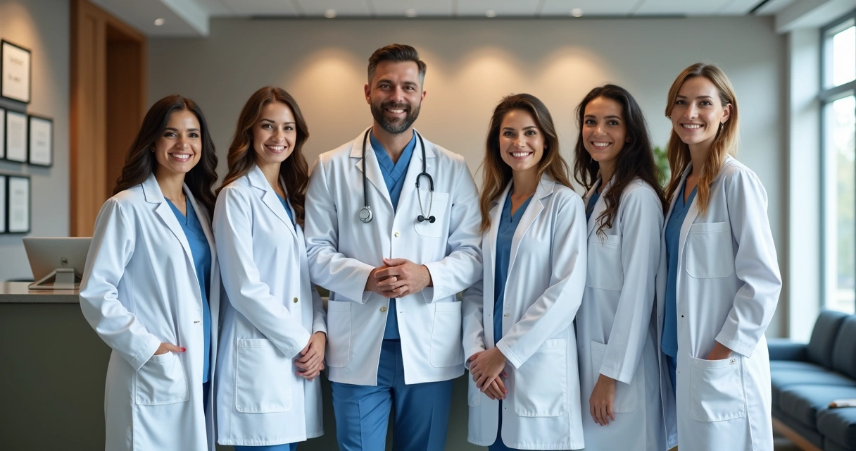 Equipe de cirurgia plástica apresentando a clínica moderna e confortável. 