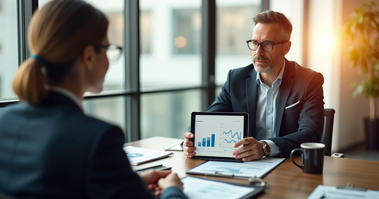 Pessoa apresentando proposta de vendas ao cliente com relatório de resultados digitais na mesa. 