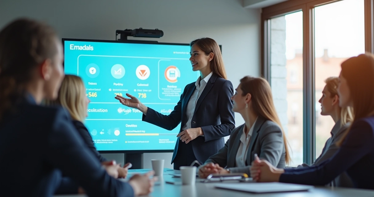 Colaboradora apresentando treinamento a colegas 