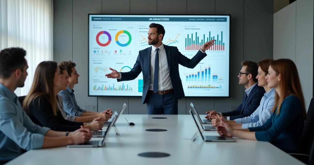 Contador apresentando gráficos em tela para equipe 