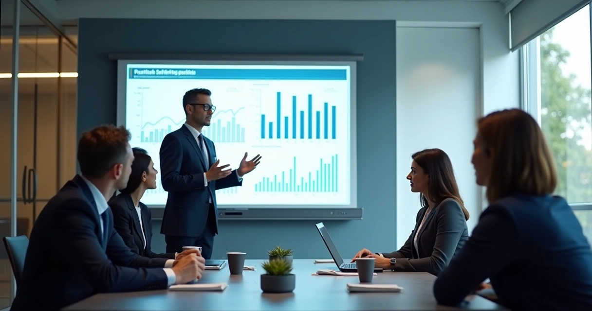 Empresário apresentando conteúdo B2B para um grupo usando slides