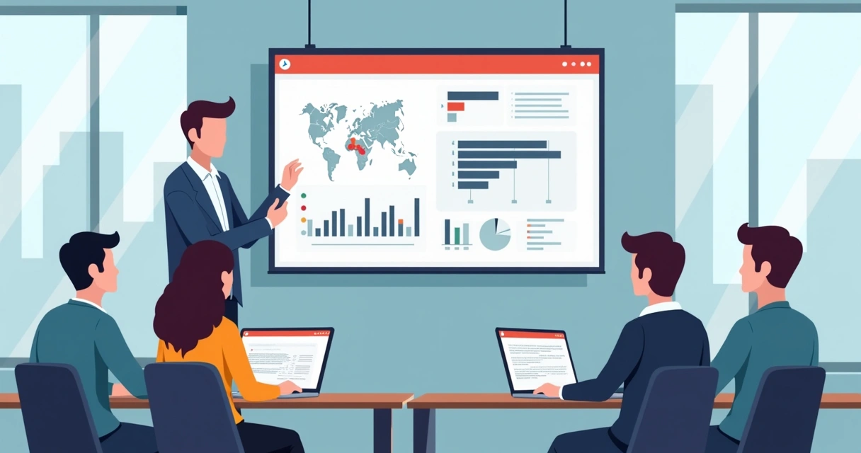 Sala de reunião com apresentação de dados em tela grande 