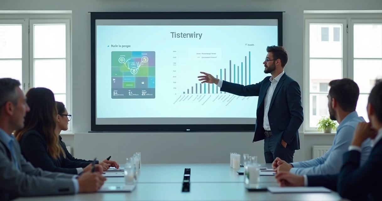 Apresentador usando PowerPoint com gráficos nítidos em sala de reunião 