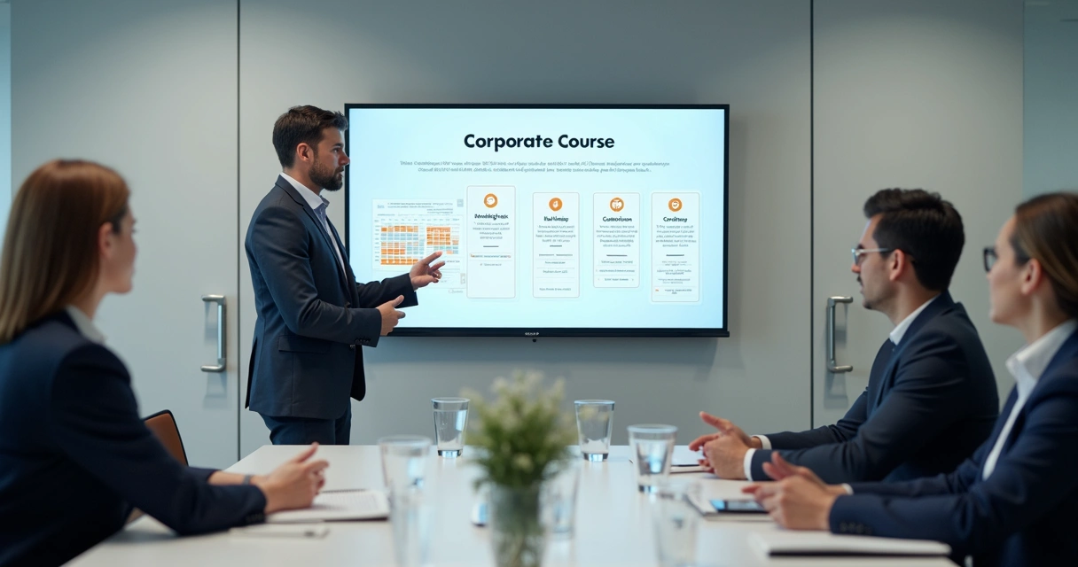 Gestor apresentando catálogo de cursos corporativos para cliente 