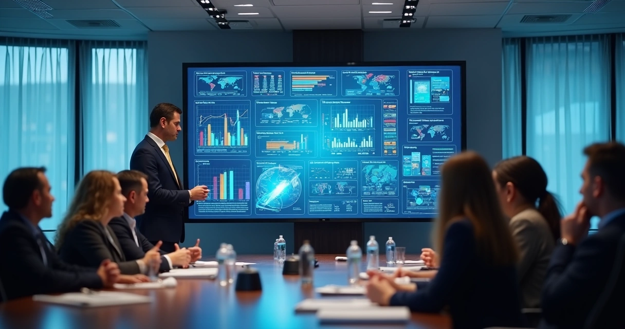 Profissional apresentando painel de dados financeiros em reunião corporativa 