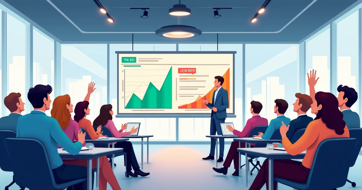 Sala de conferência moderna com profissionais apresentando visualização de dados em tela. Gráficos claros e interativos.