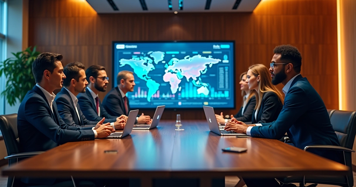 Apresentação corporativa moderna mostrando gráficos de dados em tela grande para líderes e equipe reunida 