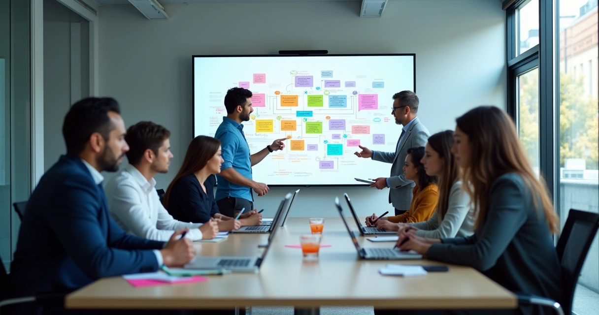 Equipe reunida analisando um diagrama projetado em uma tela digital, com diferentes perfis profissionais olhando para o quadro 