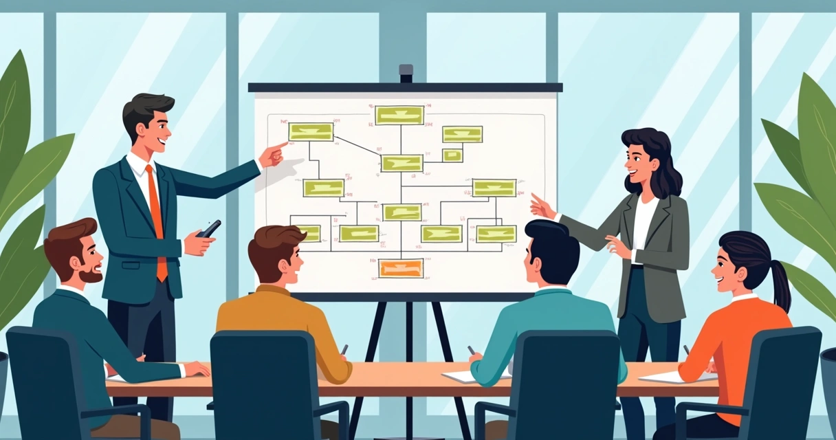 Apresentação de diagrama de software para clientes em sala de reunião 
