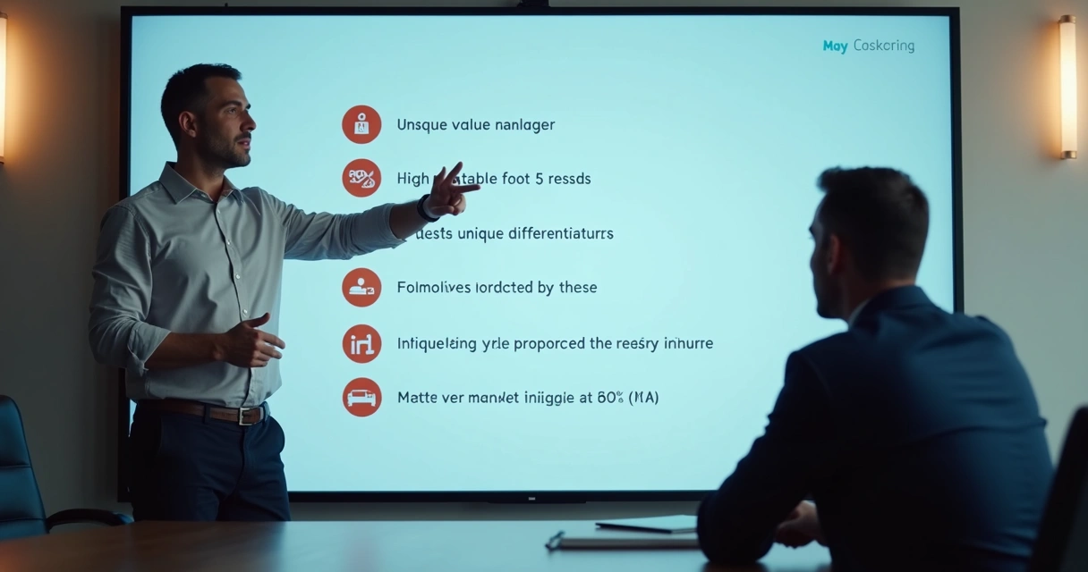 Profissional apresentando diferenciais de serviço em uma tela para cliente 