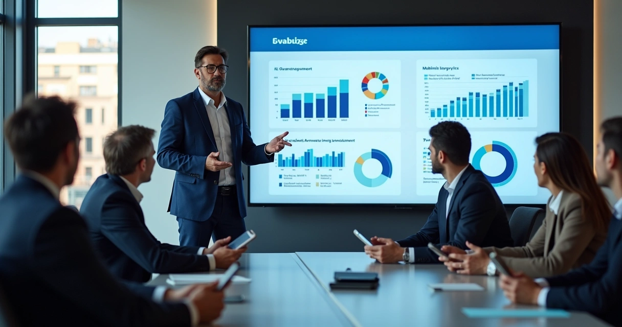 Apresentação de soluções digitais para eventos com gráficos e aplicativos em tela 