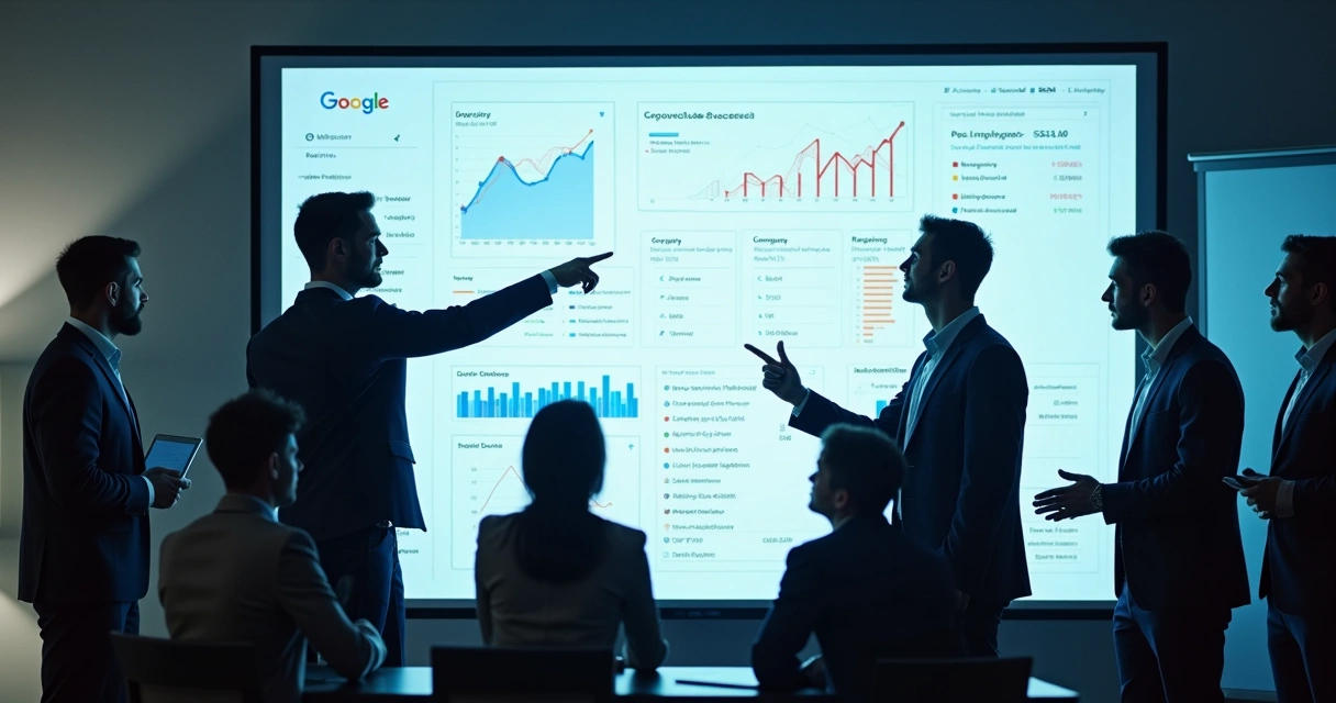 Equipe reunida mostrando resultados digitais em tela grande 