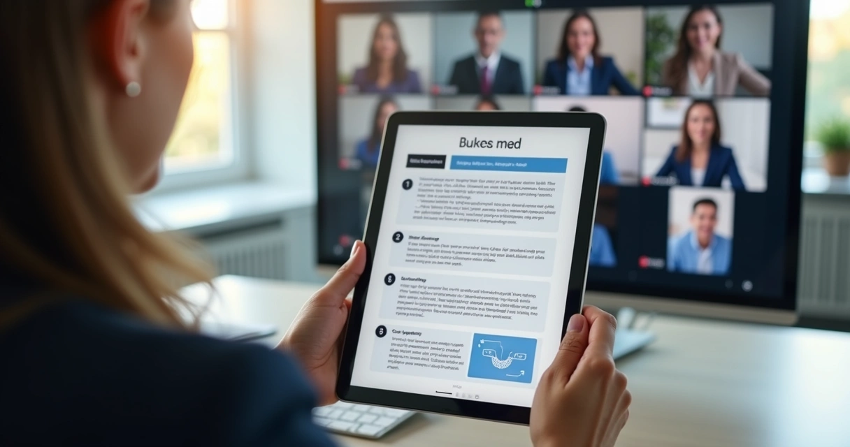 Profissional B2B apresentando um onepager em reunião virtual 