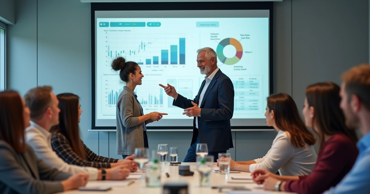 Pessoa jovem e pessoa mais velha apresentando juntos em empresa 