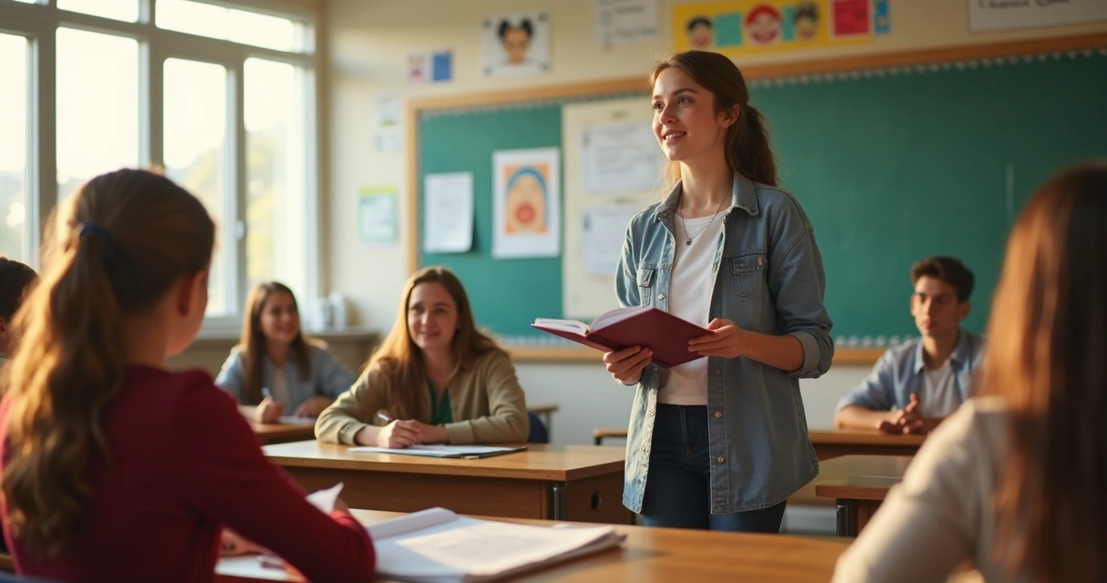 Aluna apresenta em sala e colegas escutam atentos 