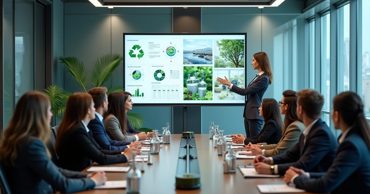 Representante de empresa apresentando projeto de reciclagem para investidores 