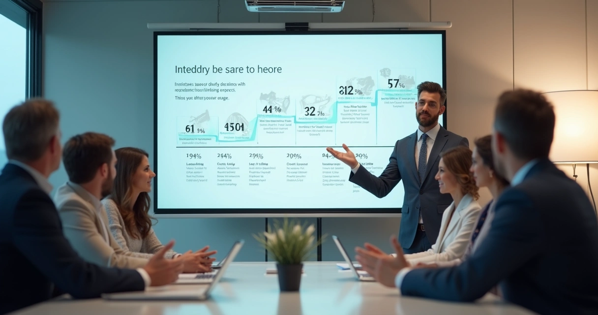 Apresentação de empresa B2B detalhando setores atendidos em tela de projeção. 