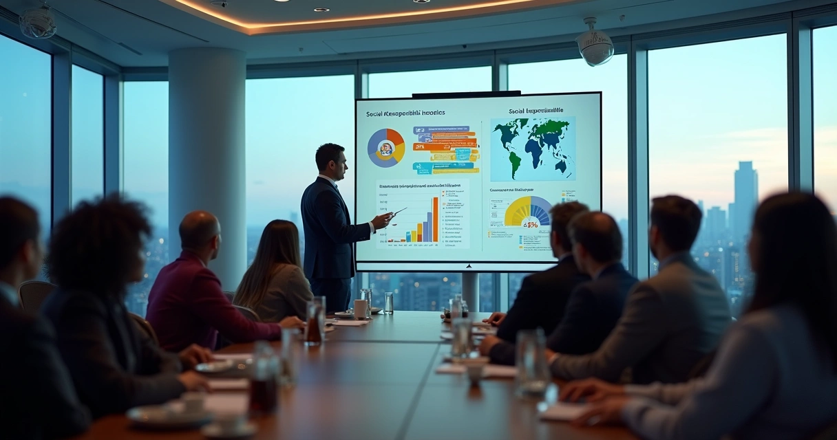 Executivo apresentando gráficos sobre responsabilidade social em ambiente corporativo 