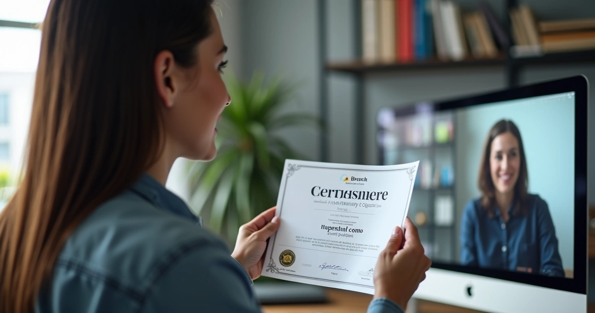 Profissional mostrando certificado em entrevista de emprego