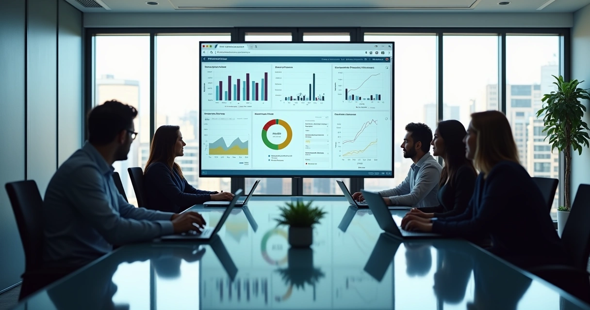 Equipe apresenta sistema ERP integrado em tela grande para diretoria 