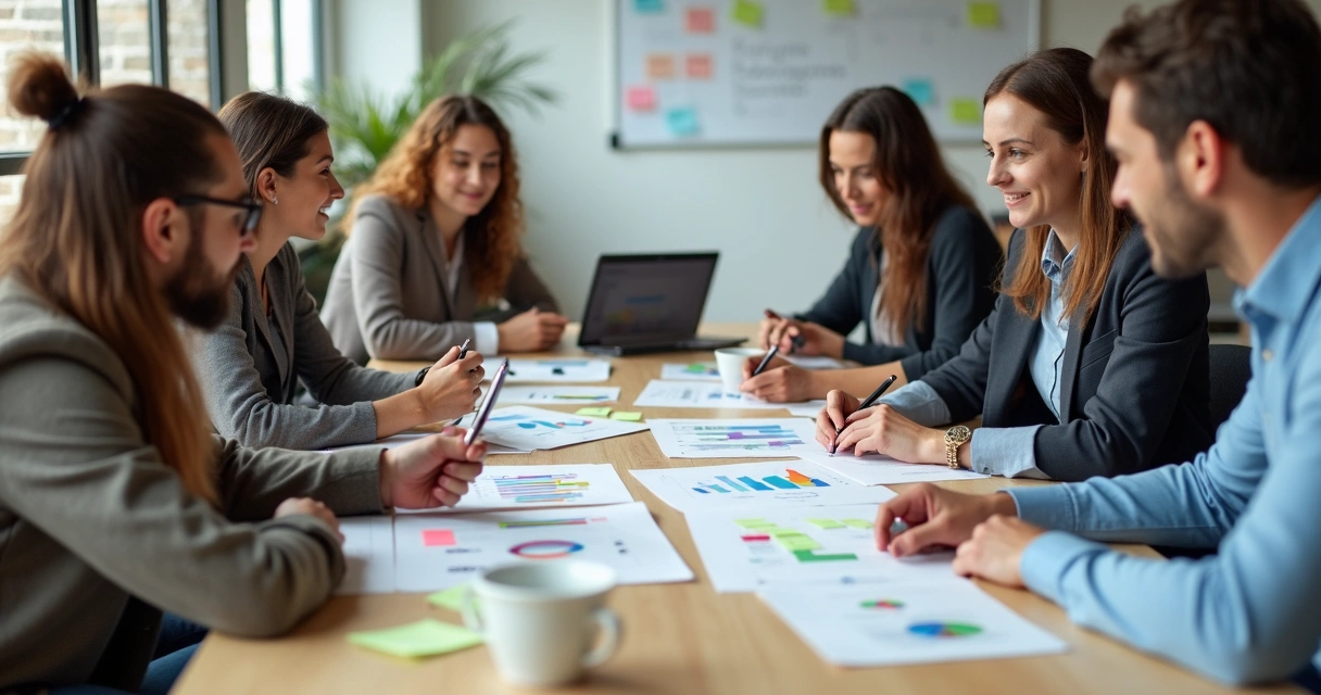Colaboradores reunidos ao redor de uma mesa, olhando para gráficos e discutindo erros em ambiente colaborativo 