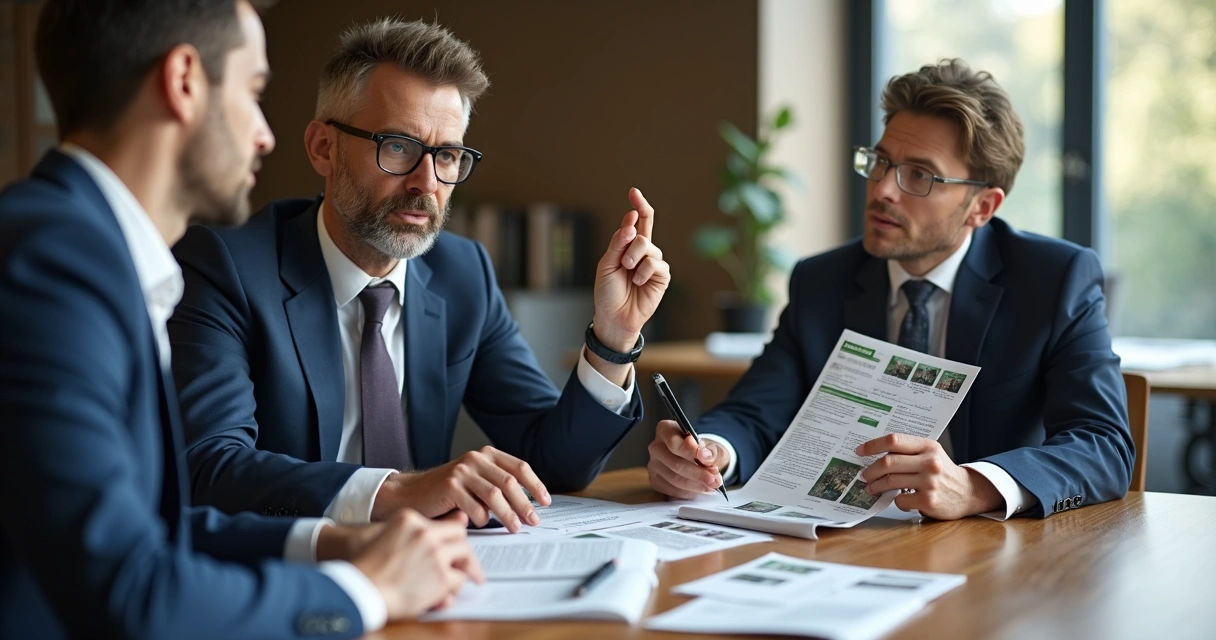 Empresário de PME apresentando projeto ESG para cliente B2B.