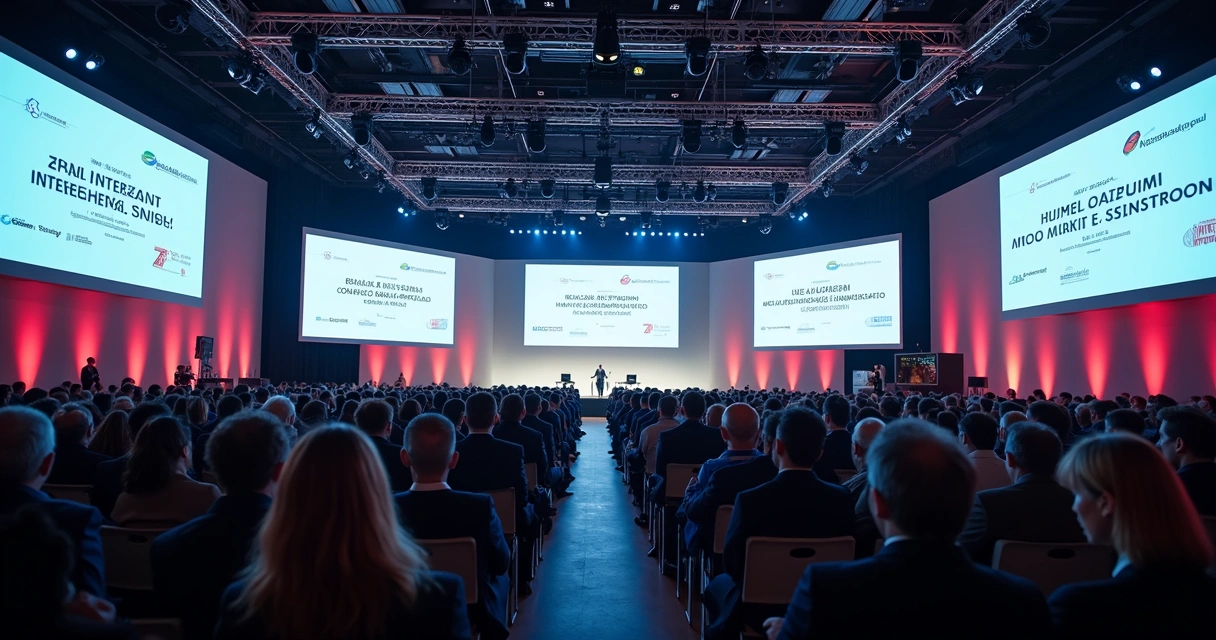 Auditório de evento com intérprete simultâneo e público de diferentes nacionalidades 