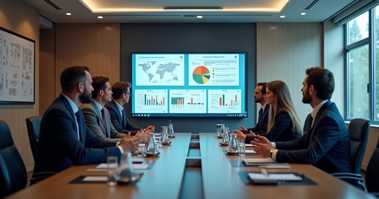 Sala de reunião com apresentação executiva no Power Point e slides bem padronizados 