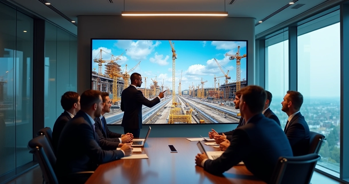 Executivos assistindo apresentação de time-lapse de obra em tela grande