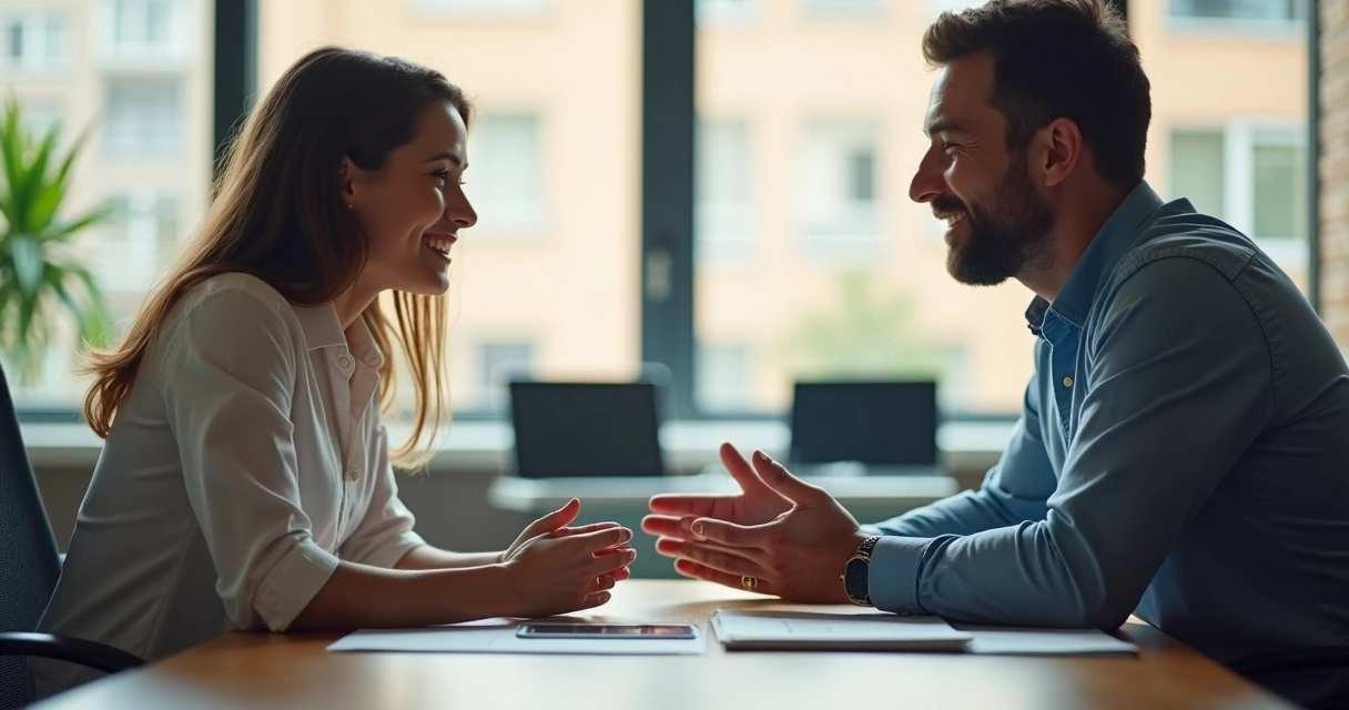 Duas pessoas trocando feedback em um ambiente de trabalho, sentados em uma mesa. 