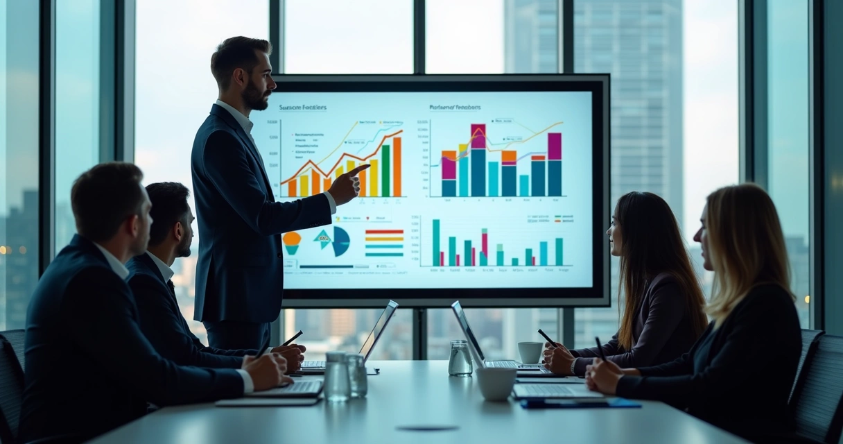 Executivo mostrando gráficos de feedback em apresentação para equipe