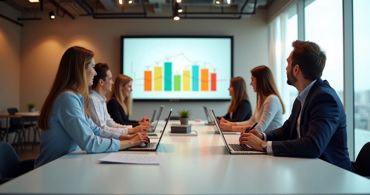 Apresentação mostrando gráfico de resultados em tela grande 