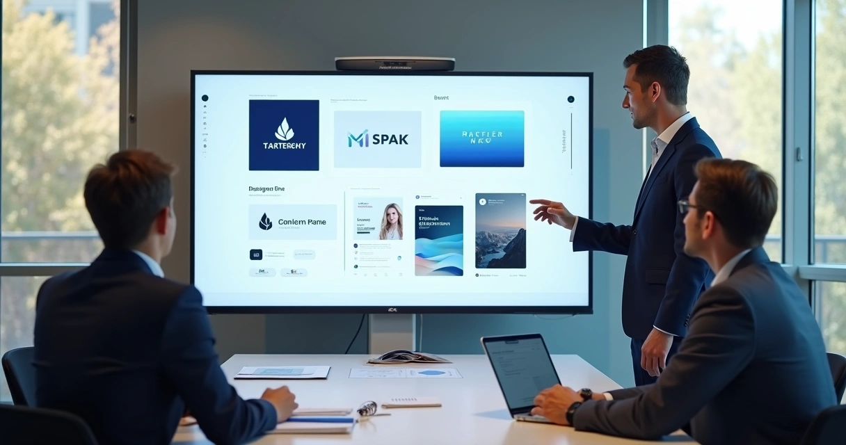Designer apresentando identidade visual em reunião com cliente 