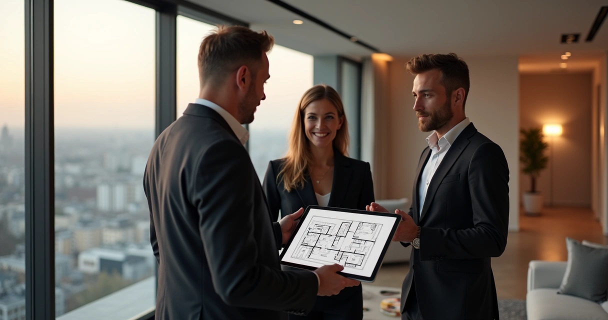 Corretor apresentando imóvel de alto padrão para casal 