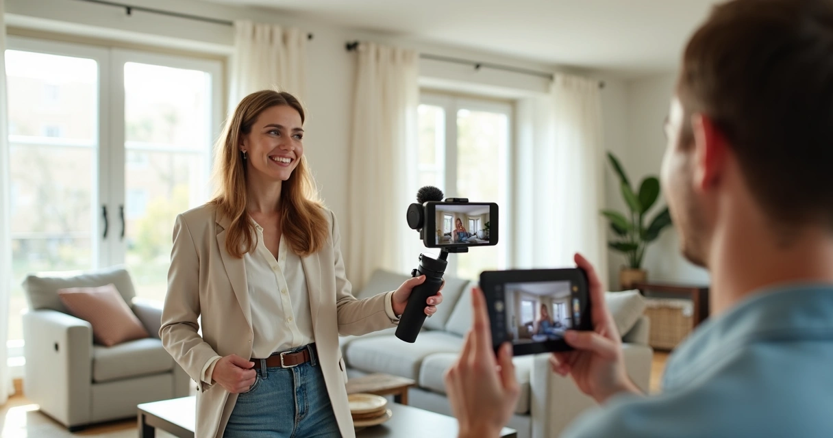 Corretora faz tour virtual em sala elegante com móveis modernos 