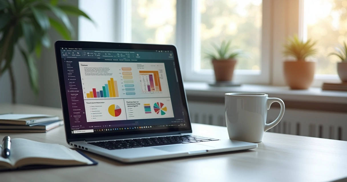 Mesa com notebook aberto mostrando slides coloridos, uma caneca, caderno e caneta ao lado, ambiente moderno e iluminado para apresentação 