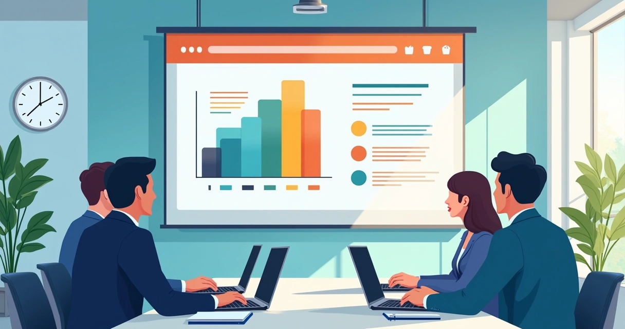 Profissionais em reunião vendo uma apresentação de impacto no PowerPoint em tela grande 