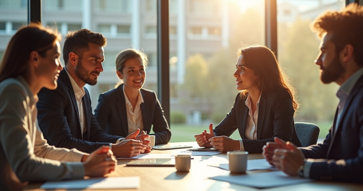 Grupo debatendo decisões em ambiente profissional