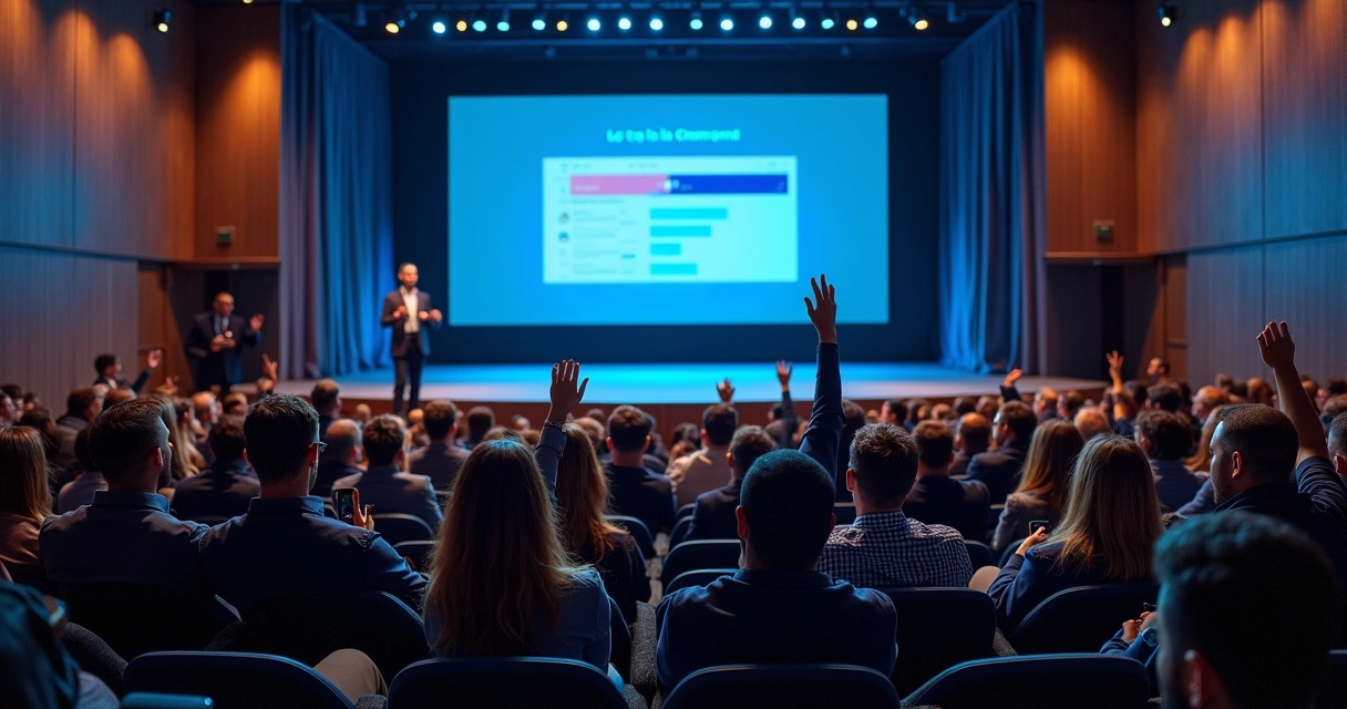 Apresentador interagindo com equipe em auditório moderno