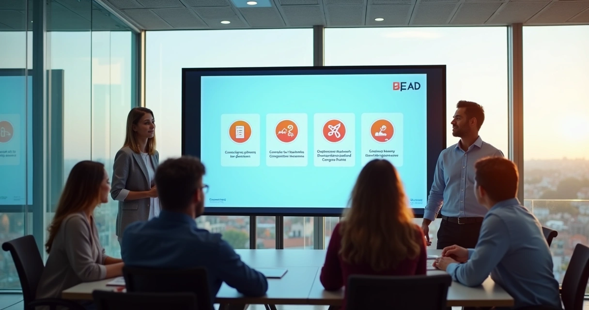 Apresentação interna de EAD com slides e colaboradores reunidos