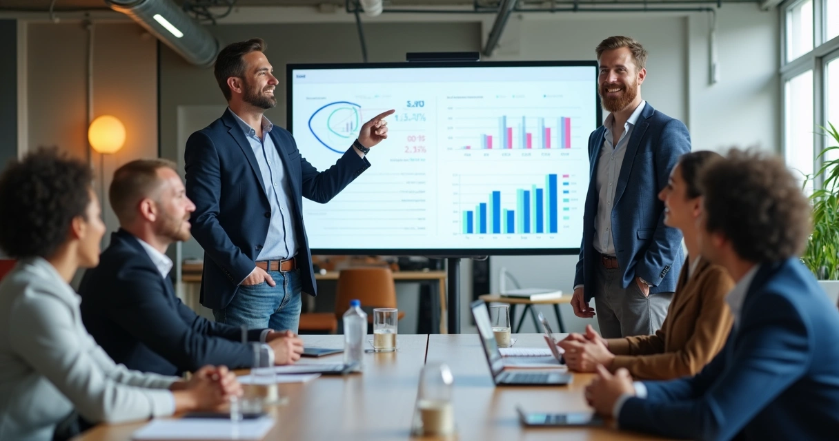 Equipe de startup apresentando pitch para investidores em ambiente de coworking