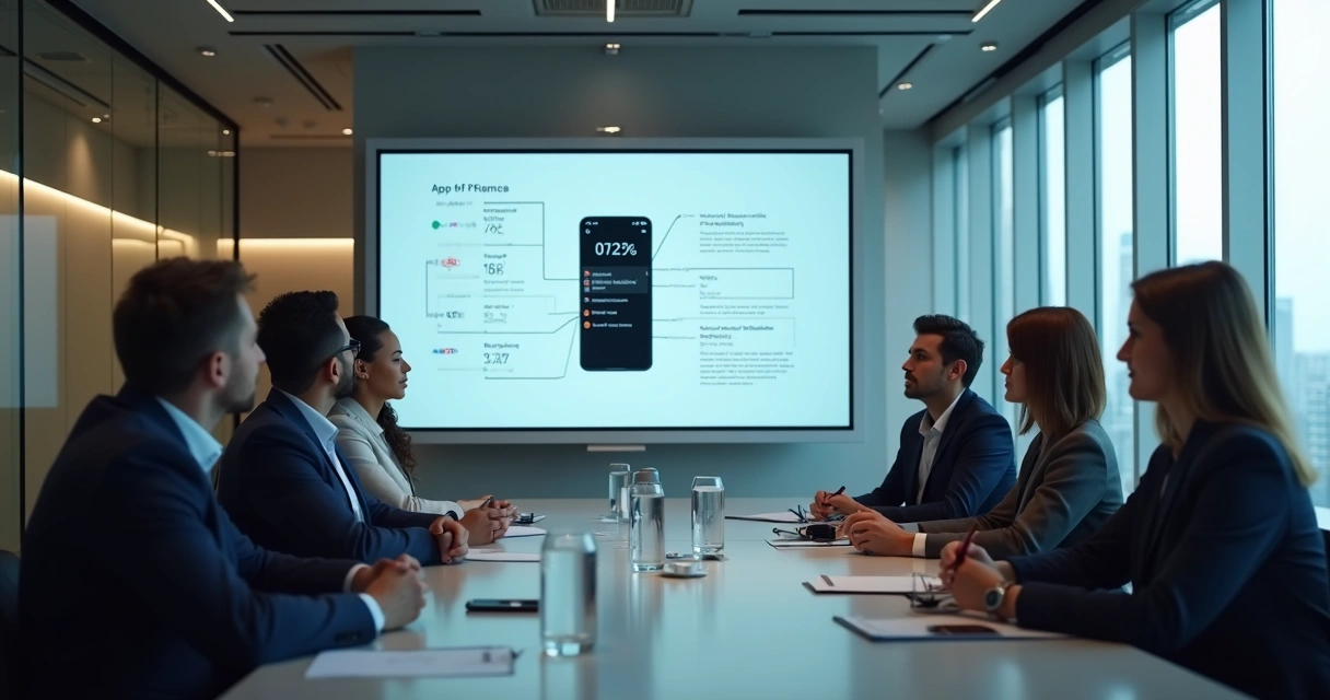 Grupo de empresários reunidos, vendo apresentação digital de um MVP na tela grande 