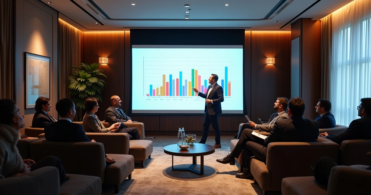 Pessoa apresentando plano de negócios em telão para investidores atentos 