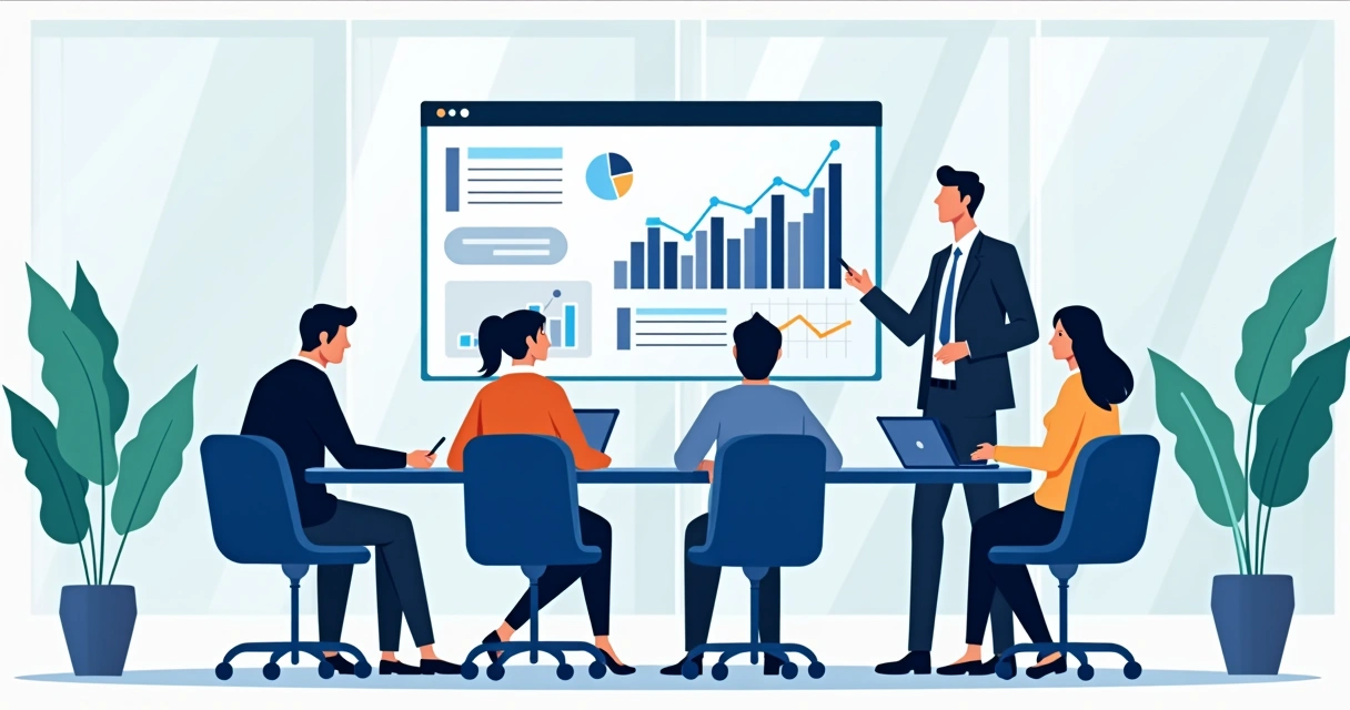 Líder digital apresentando indicadores em tela grande para equipe 