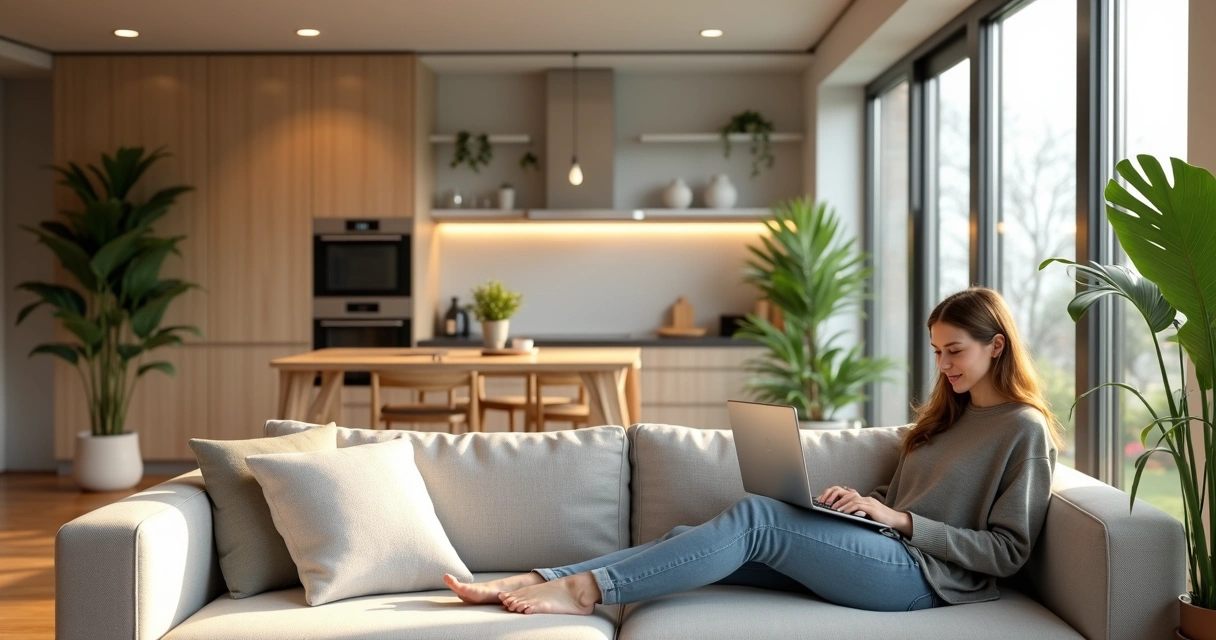 Loft moderno decorado com móveis claros e área de coworking no fundo