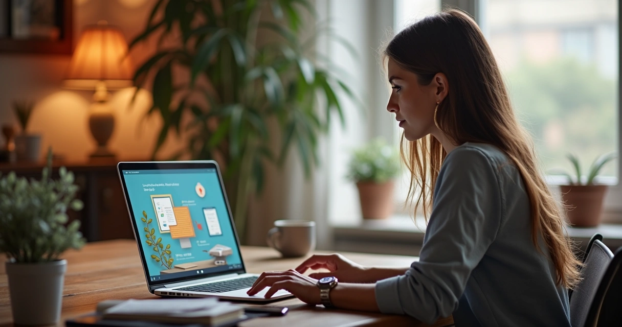 Empreendedora assistindo atenta a uma apresentação de marca animada em notebook 