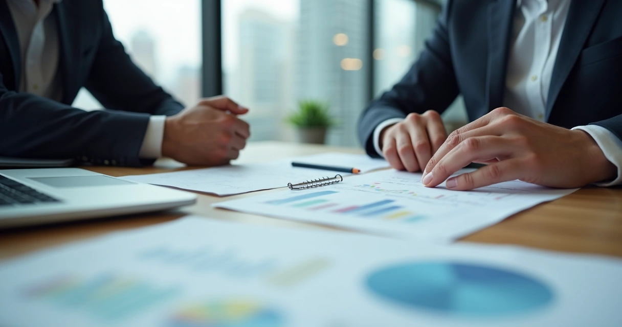 Mesa de negociação com propostas e laptop