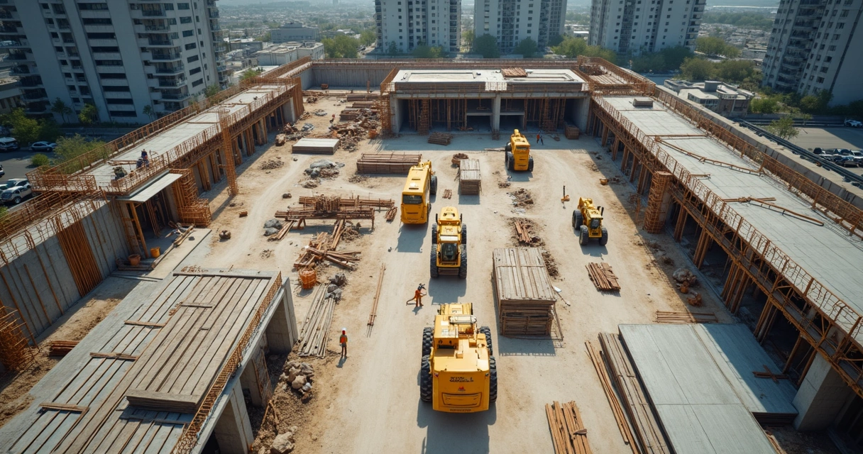 Vista aérea de obras de construção civil com áreas de serviço e materiais distribuídos pelo canteiro, contexto da base de cálculo do ISS