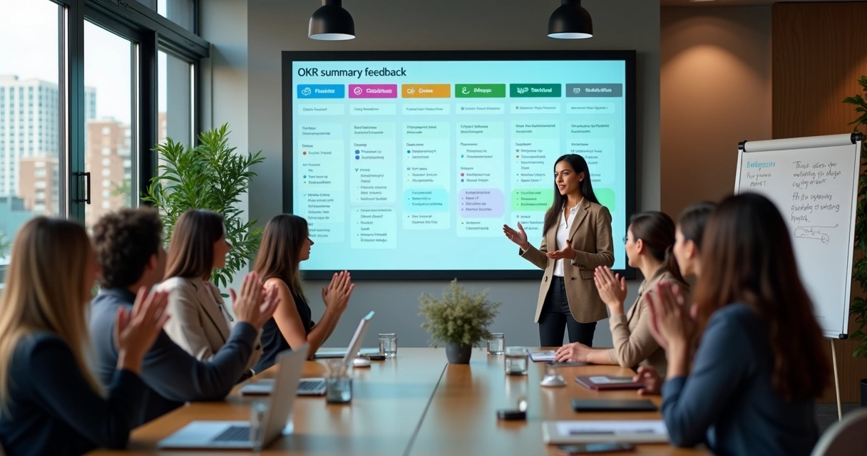 Apresentação de metas OKR com feedback em tela Notion 