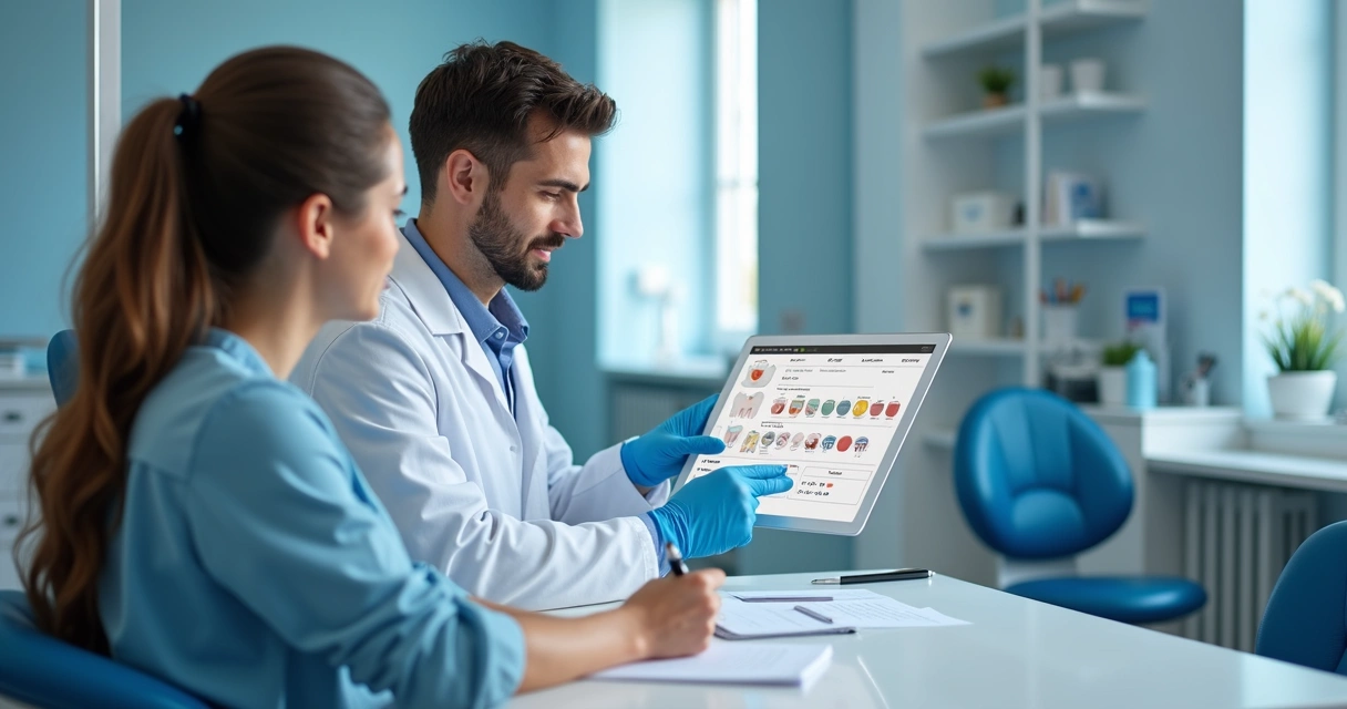 Dentista mostrando orçamento digital a paciente com tablet 